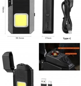 Sİyah Gazsız Rezistanslı Elektrikli Usb Şarjlı Çakmak  Mini Cob El Fenerli 2 ın 1 Mini Projektörlü